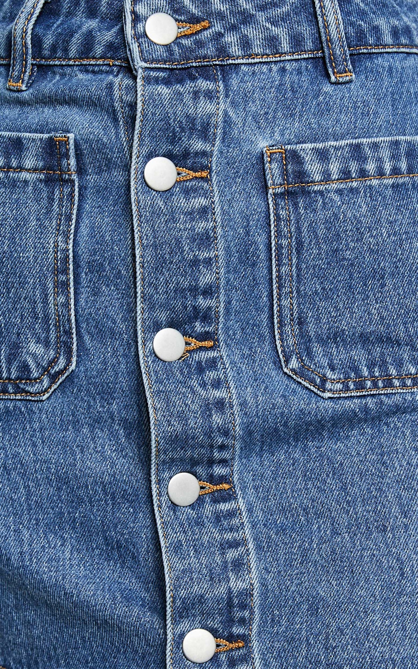 Gertrude Mini Skirt - High Waist Button Through Denim Skirt in Mid Blue Wash