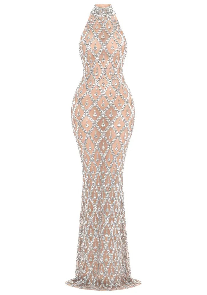 Halter Crystal Embellished Maxi Dress Nude