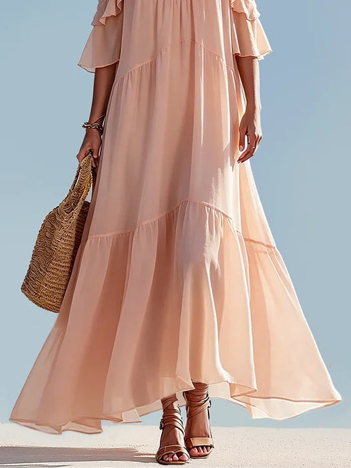 Dreamy Pink Off-shoulder Chiffon Ruffled Maxi Dress