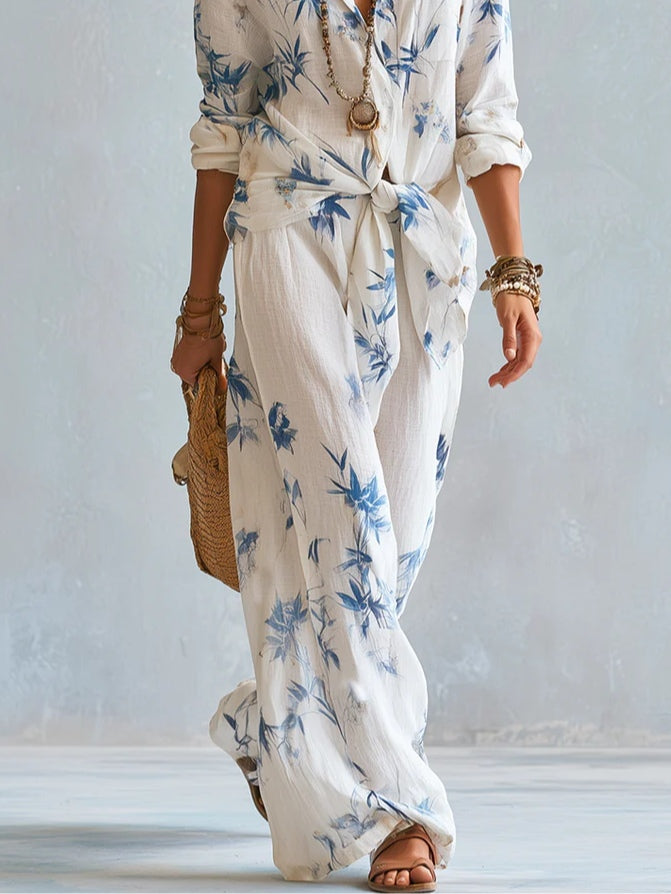 Blue Bamboo Leaf Floral Shirt Paired With Wide-leg Pants Suit