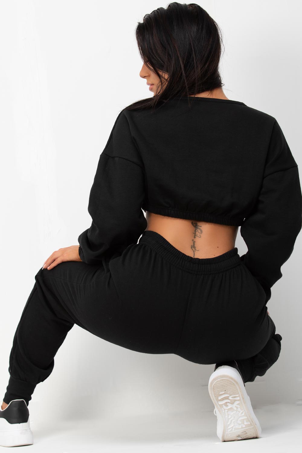 Crop Sweatshirt And Joggers Two Piece Set Black