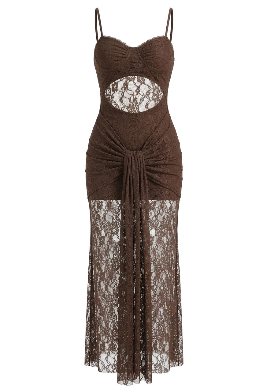 Draped Lace Maxi Dress Brown