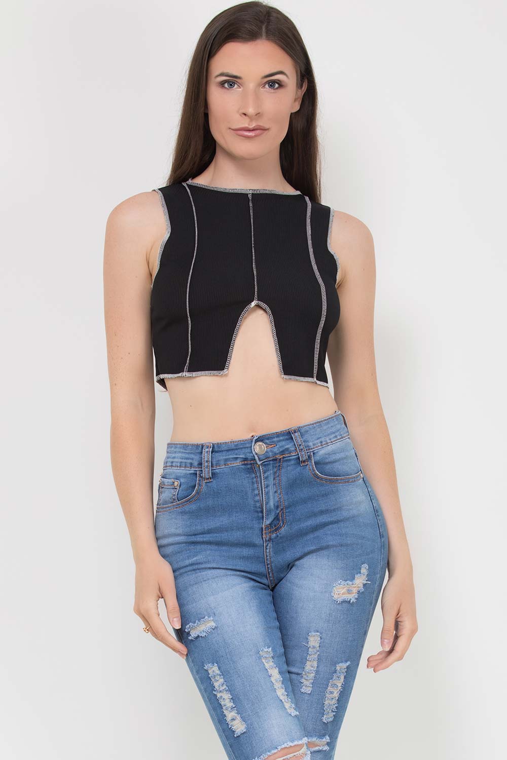 Contrast Overlock Stitch Ribbed Crop Top Black