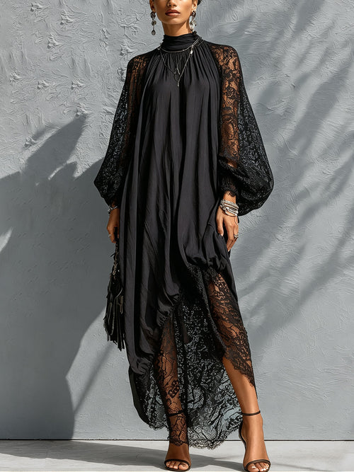 Black High-Neck Maxi Dress with Lace Trim