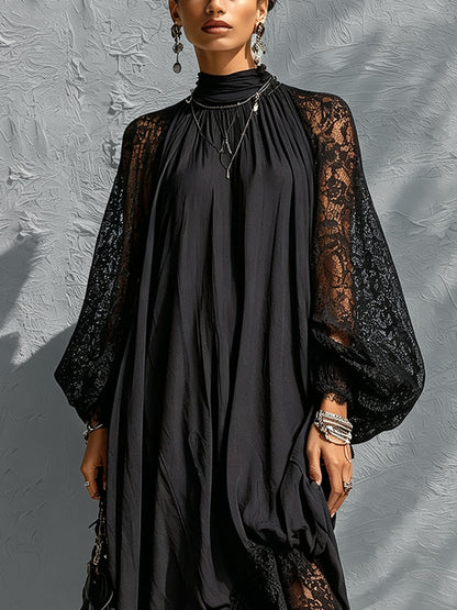 Black High-Neck Maxi Dress with Lace Trim
