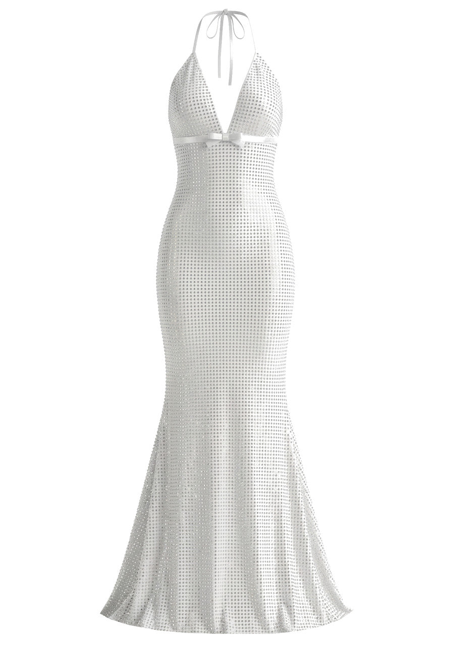 Halter Embellished Maxi Dress White
