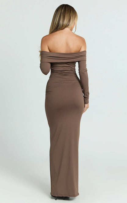 Emilie Maxi Dress - Off Shoulder Long Sleeve Ruched Jersey Dress in Dark Brown