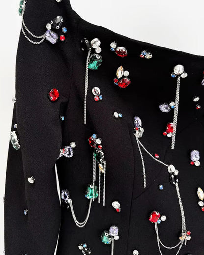 Long Sleeve Crystal Chain Maxi Dress Black