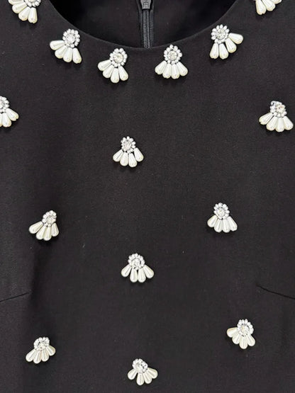 Crystal Pearl Embellished Midi Dress Black