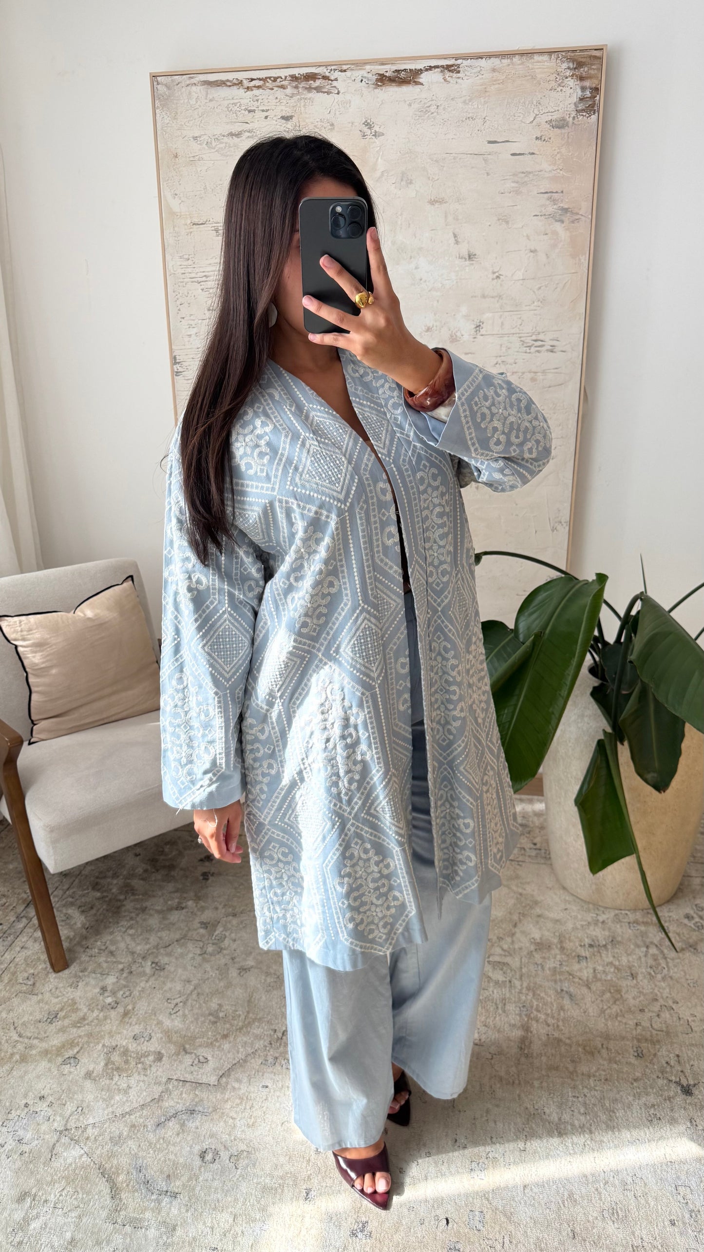 Ensemble deux pièces brodé veste et pantalon 8380 I Bleu ciel