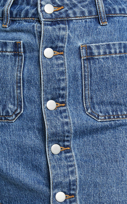Gertrude Mini Skirt - High Waist Button Through Denim Skirt in Mid Blue Wash