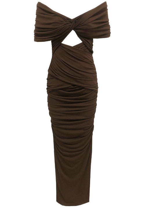 Draped Bardot Maxi Dress Brown