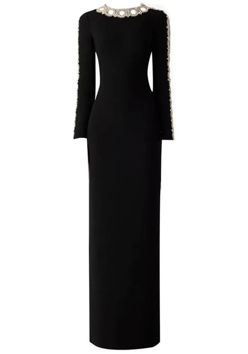 Long Sleeve Crystal Mesh Maxi Dress Black