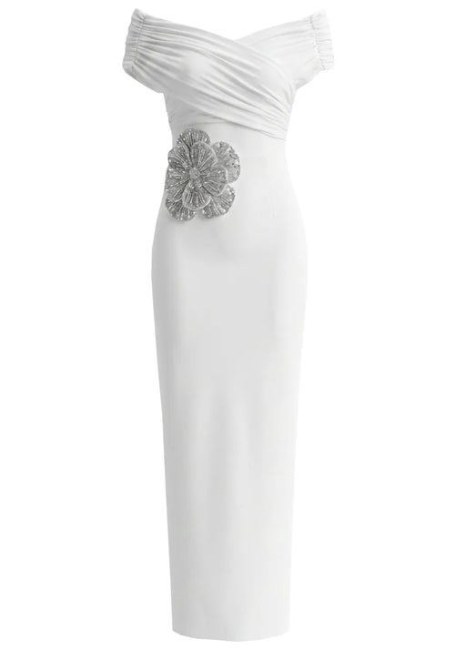 Draped Bardot Crystal Flower Maxi Dress White