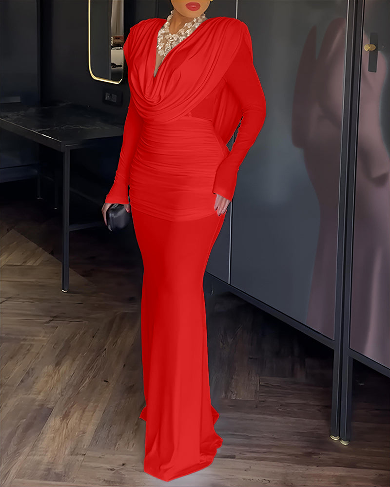 Cowl Neck Ruched Zipper Back Slim Fit Maxi Dress Casual Padded Shoulders Backless Evening Dress