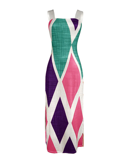 Geometric Print Square Neck Thick Strap Vacation Dress Casual Slim Fit Slit Maxi Dress