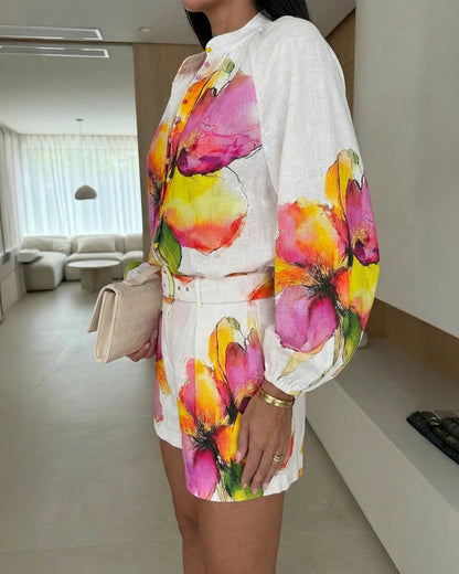 2 Pieces Outfit Stand Collar Lantern Sleeve Button Front Top and High Waist Elastic Waist Shorts Set Casual Watercolor Floral Placement Print Set with Belt & Lining