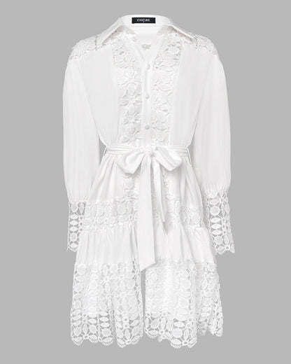 Guipure Lace Spliced Turn-down Collar Long Sleeve Button Front Shirt Dress Casual Tie Waist Ruffle Hem Dress