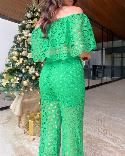 2 Piece Floral Pattern Off the Shoulder Batwing Sleeve Hollow-out Top Straight Leg Pants Elegant Pants Set