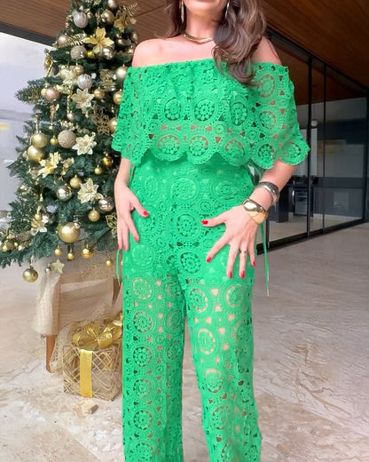 2 Piece Floral Pattern Off the Shoulder Batwing Sleeve Hollow-out Top Straight Leg Pants Elegant Pants Set