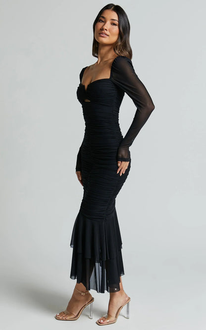 Arabella Midi Dress - Bust Detail Ruched Mesh Midi with Cut Out Detail in Black
