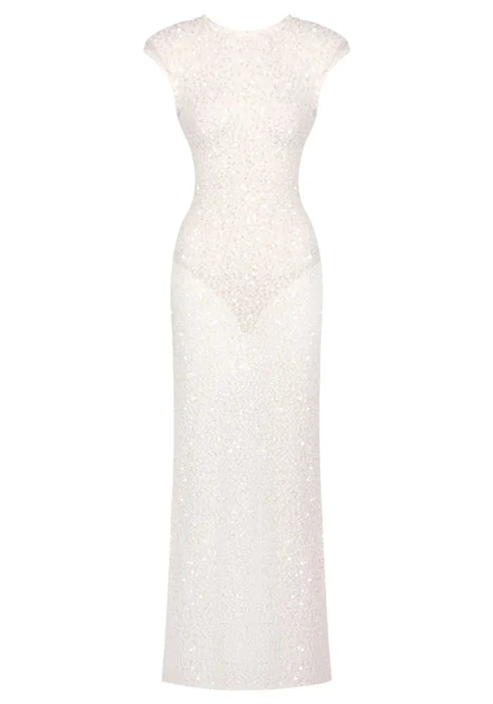Embellished Backless Maxi Dress White