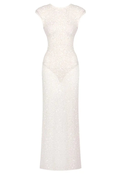 Embellished Backless Maxi Dress White