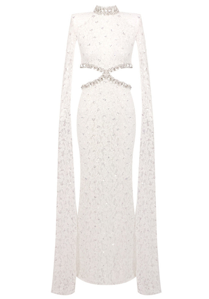Cape Sleeve Crystal Lace Maxi Dress White