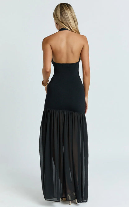 Barbara Maxi Dress - Halter Scoop Neck Contrast Georgette Dress in Black