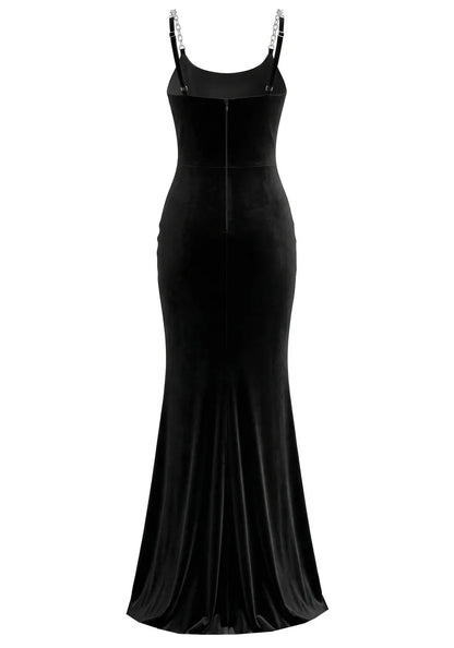 Crystal Straps Maxi Velvet Dress Black