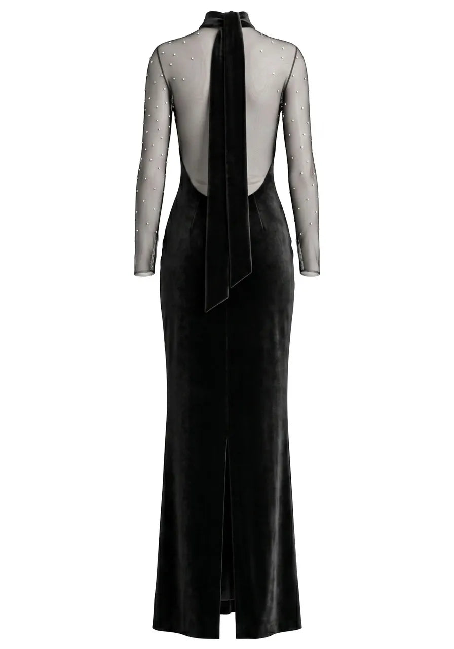 Long Sleeve Crystal Mesh Maxi Velvet Dress Black