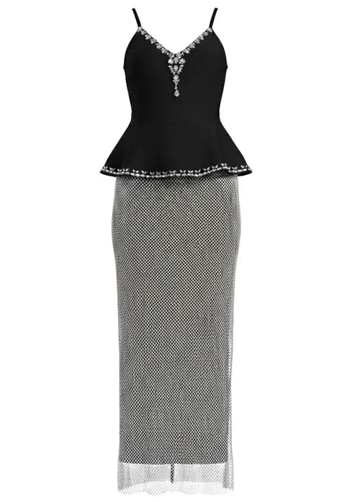 Crystal Peplum Maxi Dress Black Silver