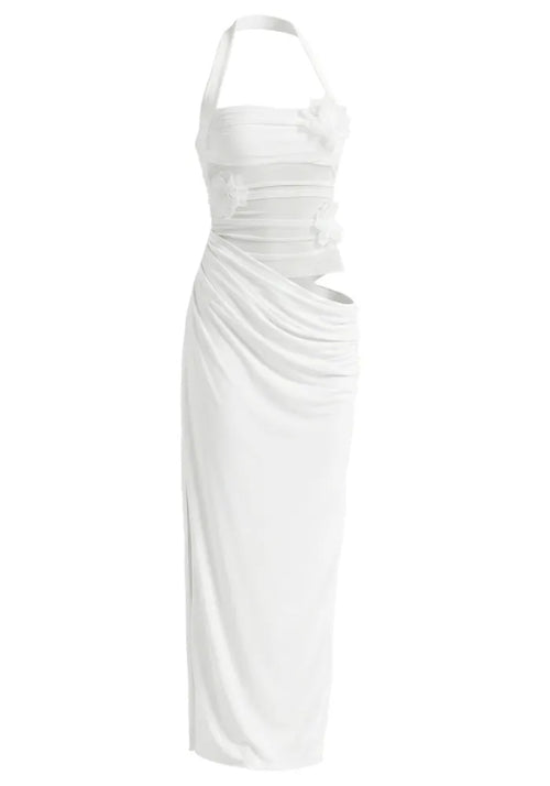 Halter Floral Mesh Maxi Dress White