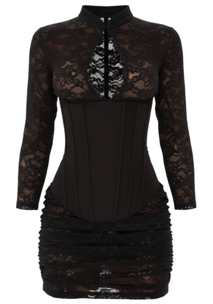 Long Sleeve Draped Lace Corset Dress Black