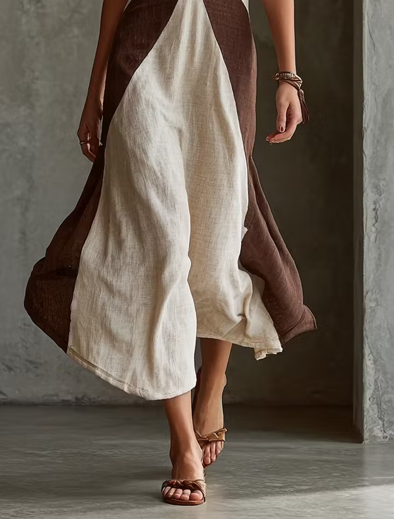 Beige Color Block Halter Maxi Dress
