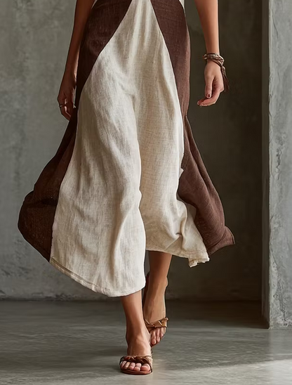 Beige Color Block Halter Maxi Dress