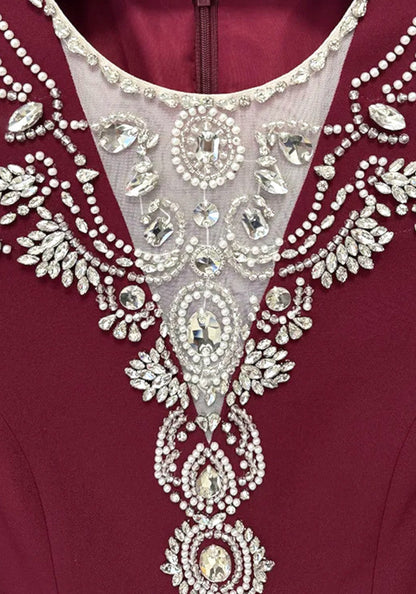 Long Sleeve Crystal Pearl Maxi Dress Burgundy
