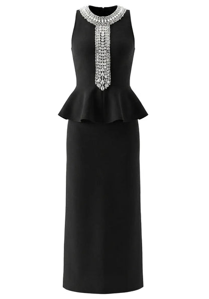 Crystal Detail Peplum Maxi Dress Black