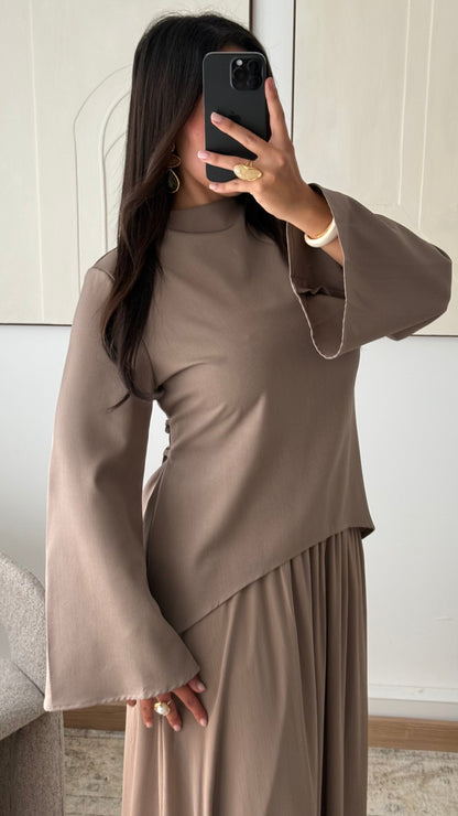 Ensemble Elegant Top Structure Jupe Fluide Doublee I Taupe