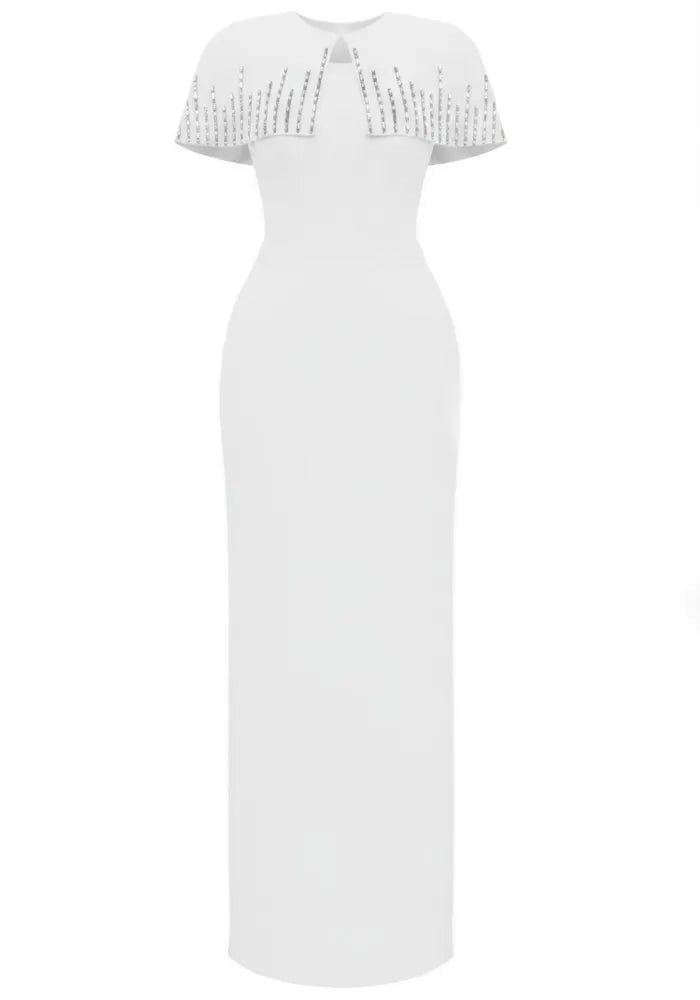 Crystal Cape Detail Maxi Dress White