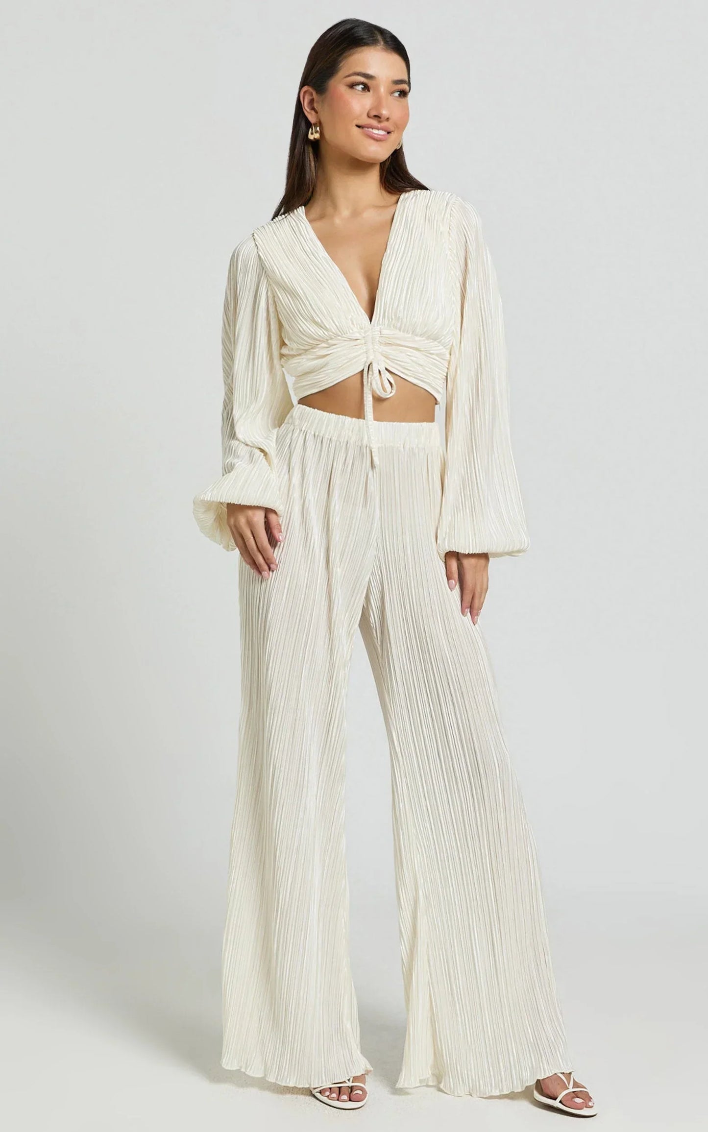 Jondra Blouse - Ruched Front Long Sleeve Plisse Blouse in Cream