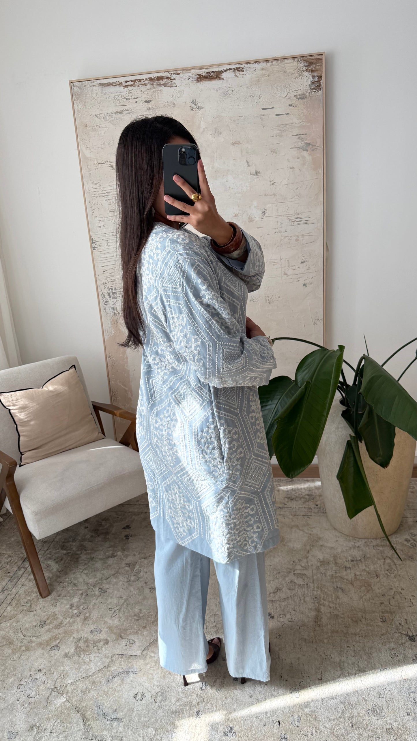 Ensemble deux pièces brodé veste et pantalon 8380 I Bleu ciel
