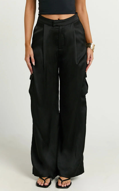Amie Pants - High Waist Satin Tailored Cargo Pants in Black