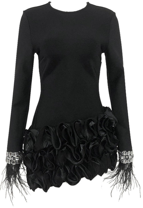 Crystal Feather Long Sleeve Ruffle Detail Dress Black