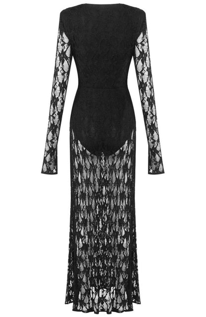 Long Sleeve Draped Detail Lace Maxi Dress Black