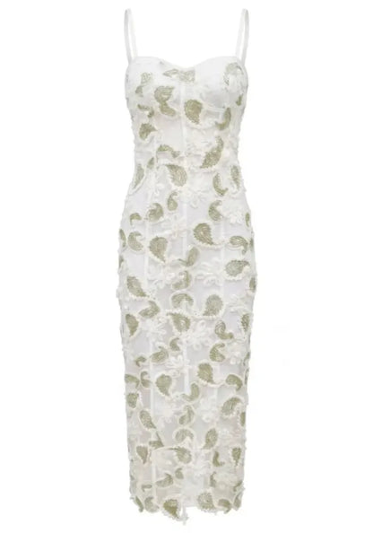 Floral Lace Midi Dress White Green