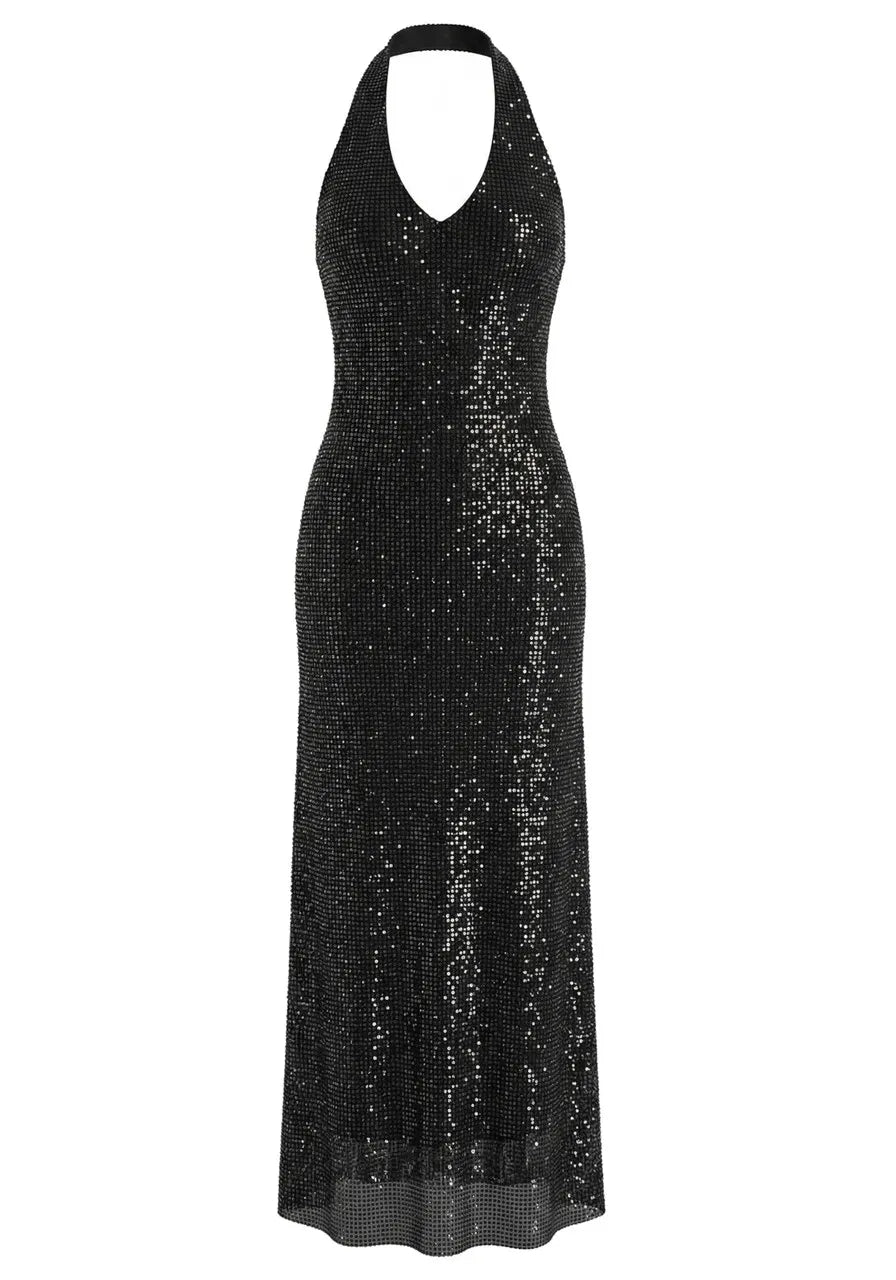 Halter Sparkly A Line Midi Dress Black