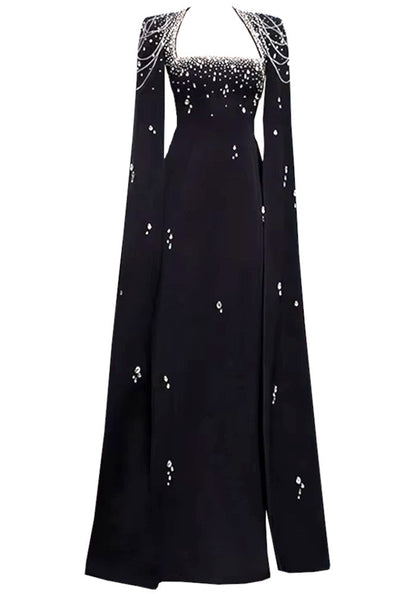 Cape Sleeve Crystal Pearl Maxi Dress Black