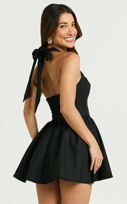 Helda Mini Dress - Halter Tie Neck Corset Panel Dress in Black