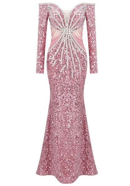 Long Sleeve Bardot Crystal Sequin Maxi Dress Pink